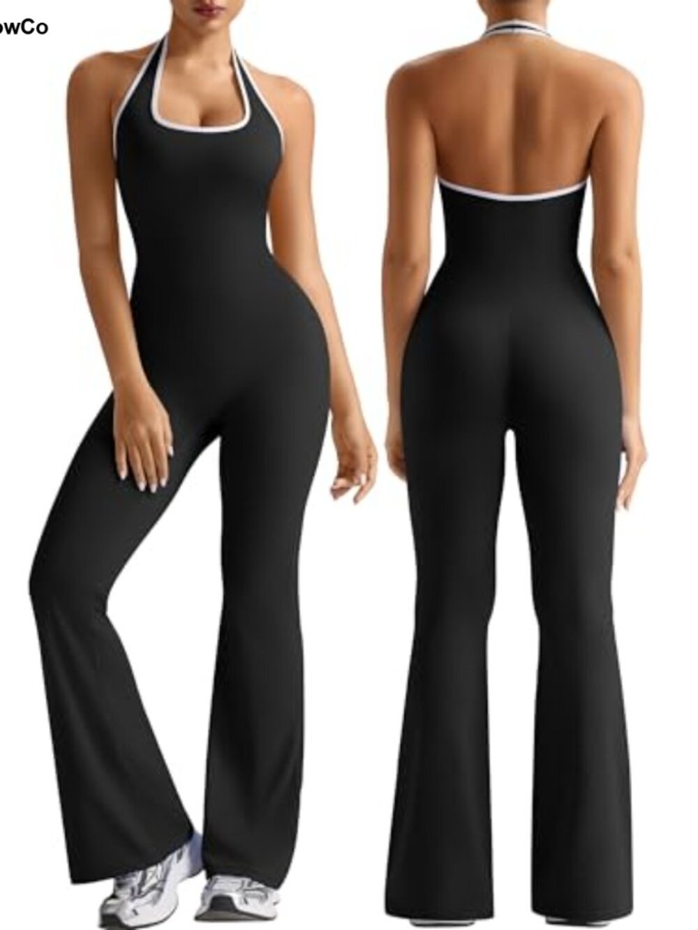 Women Workout Jumpsuit with Bra One Piece Halter Backless Yoga Flare Leg